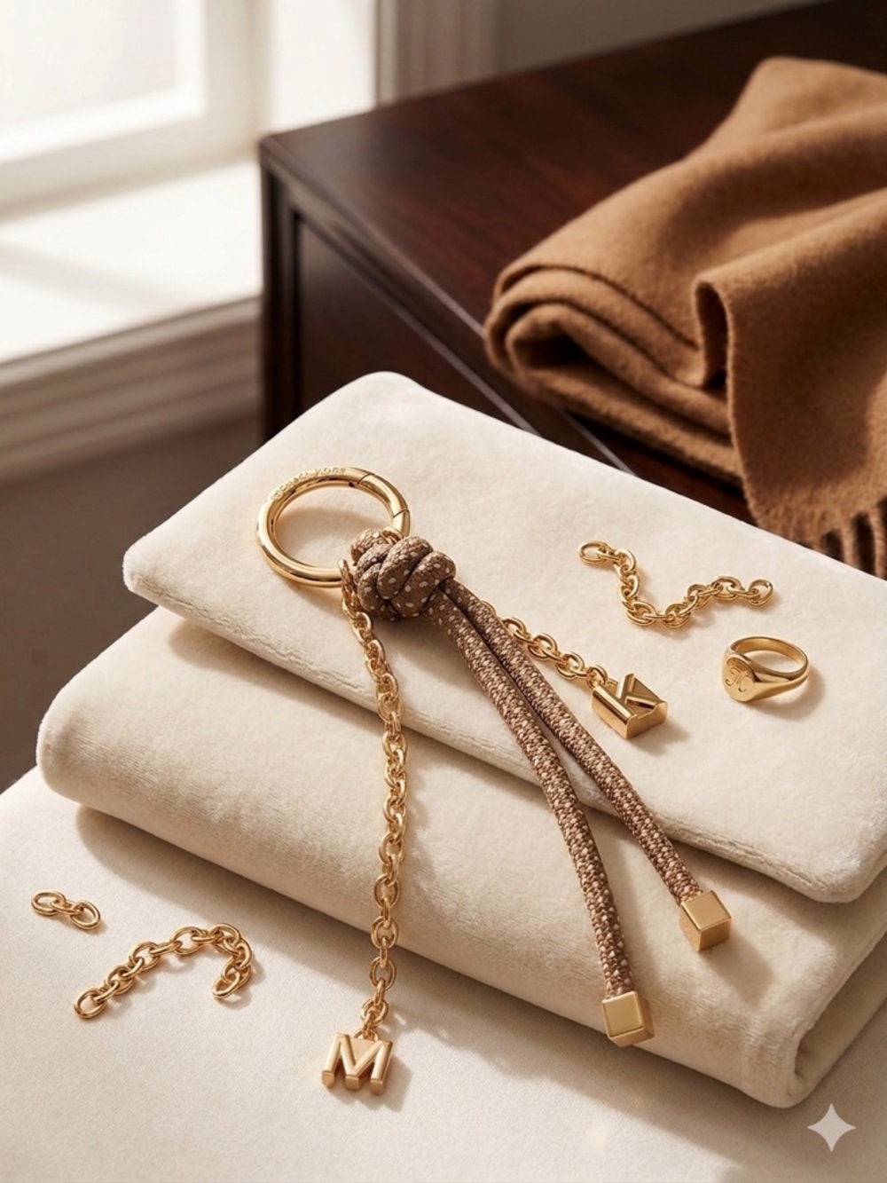 Michael Kors Gold-Tone and Beige Braided Tassel Keyring